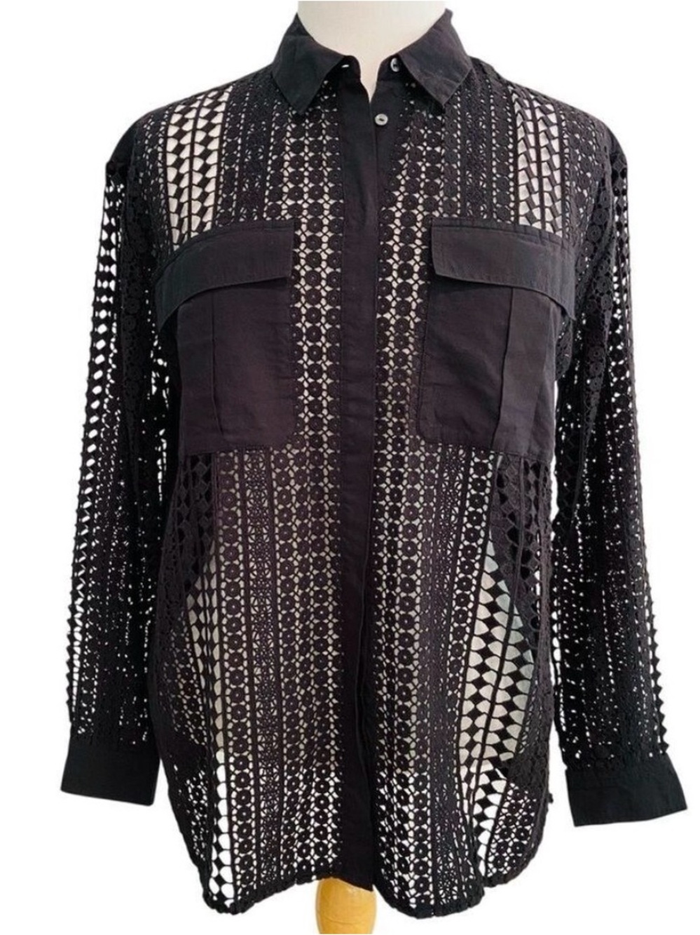 Scotch&Soda black modern classic top crochet button up bouse pockets long sleeve